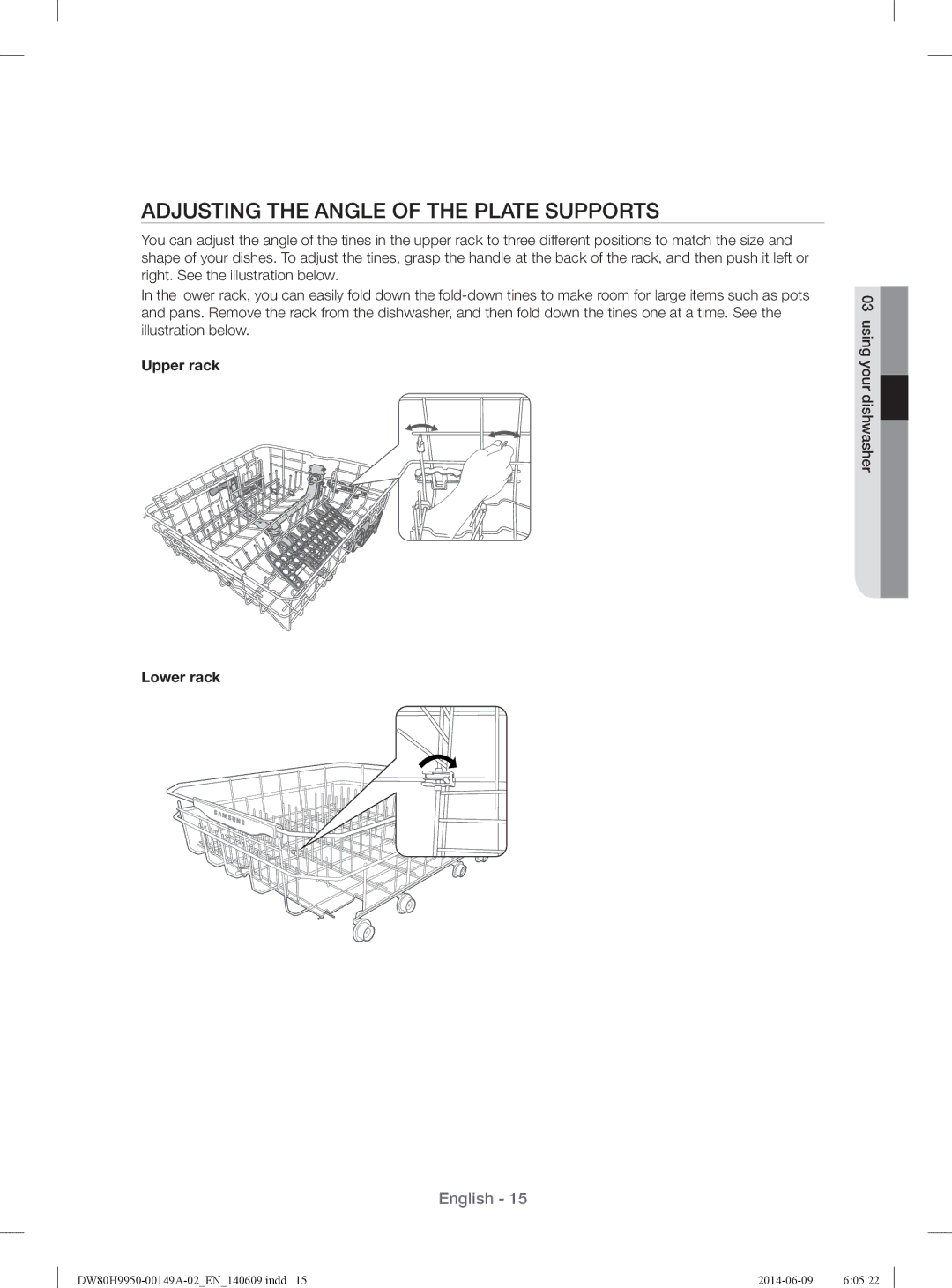 Samsung DW80H9970US user manual Adjusting the Angle of the Plate Supports, Upper rack Lower rack 