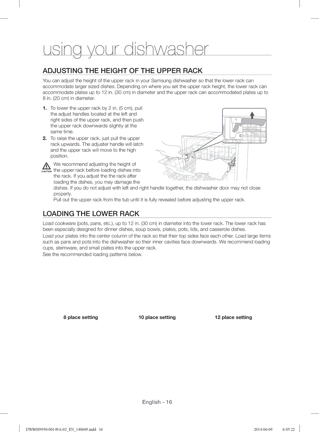 Samsung DW80H9970US user manual Adjusting the Height of the Upper Rack, Loading the Lower Rack, Place setting 