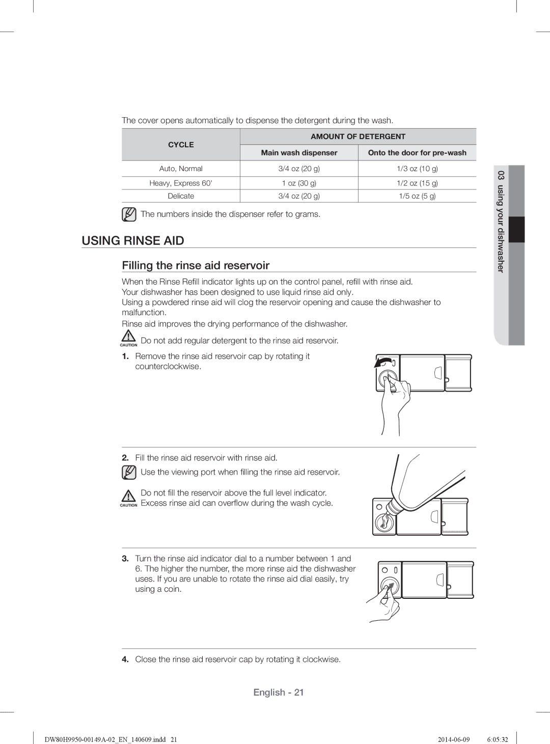 Samsung DW80H9970US Using Rinse AID, Filling the rinse aid reservoir, Numbers inside the dispenser refer to grams 