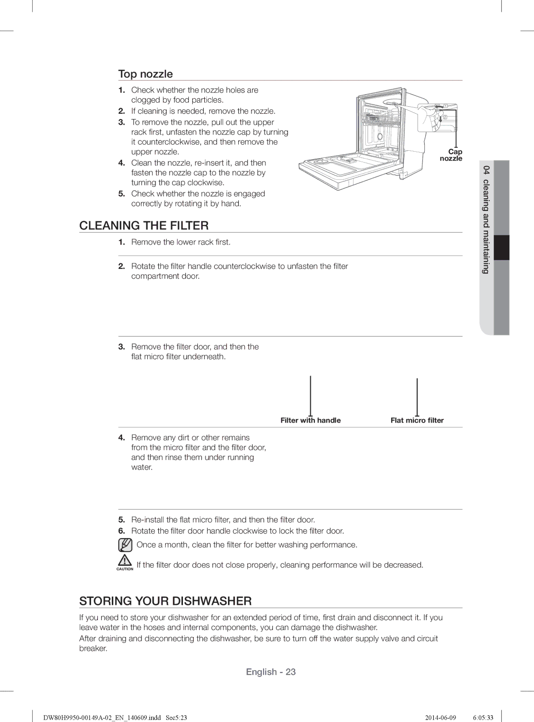 Samsung DW80H9970US user manual Cleaning the Filter, Storing Your Dishwasher, Top nozzle 