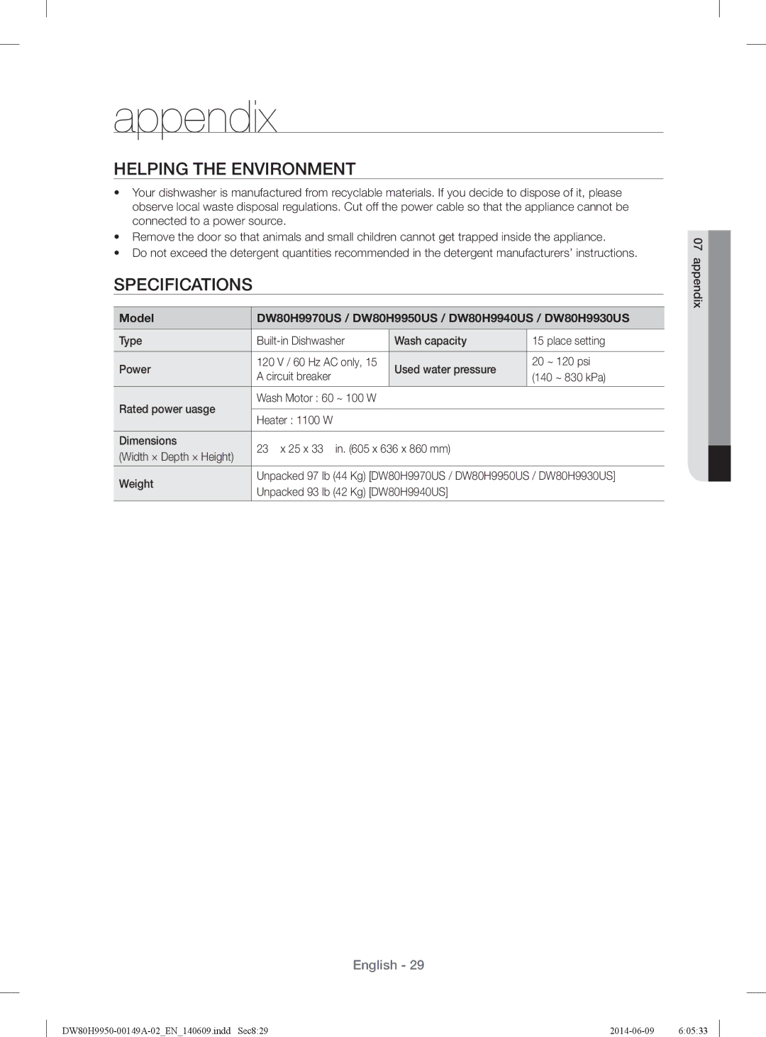 Samsung DW80H9970US user manual Appendix, Helping the Environment, Specifications 