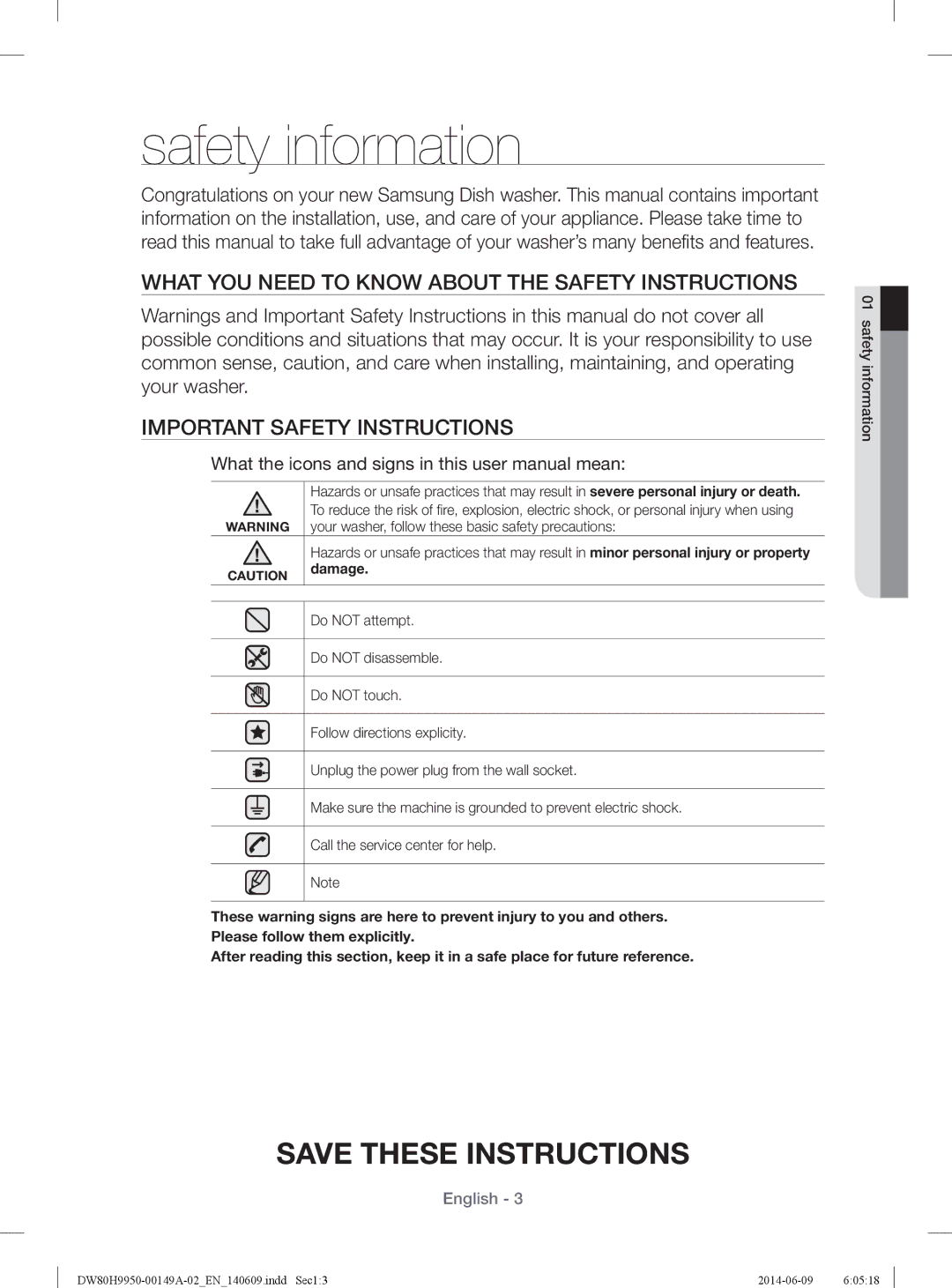 Samsung DW80H9970US user manual Safety information, Your washer, follow these basic safety precautions, Damage 