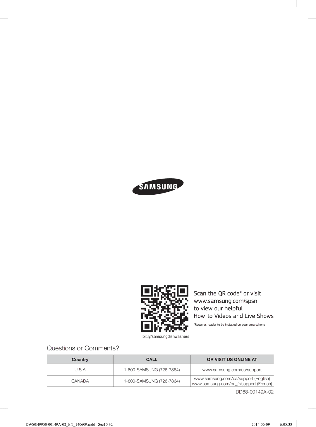 Samsung DW80H9970US user manual Questions or Comments? 