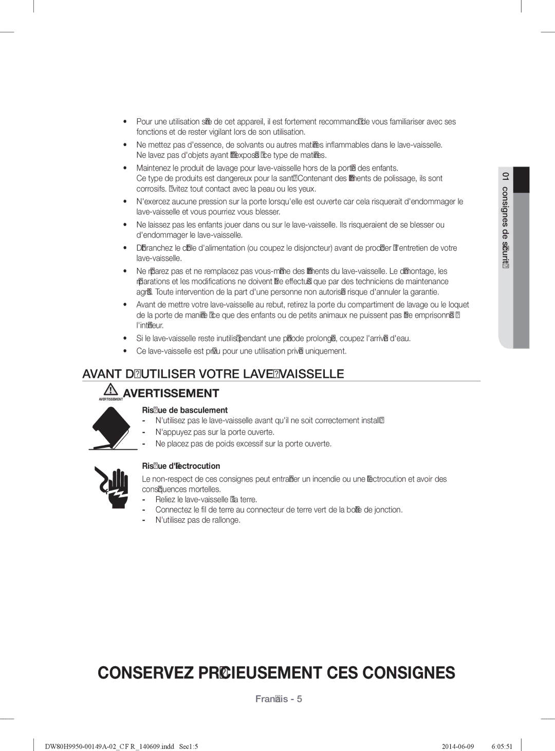 Samsung DW80H9970US user manual Avant Dutiliser Votre LAVE-VAISSELLE, Risque de basculement, Risque délectrocution 