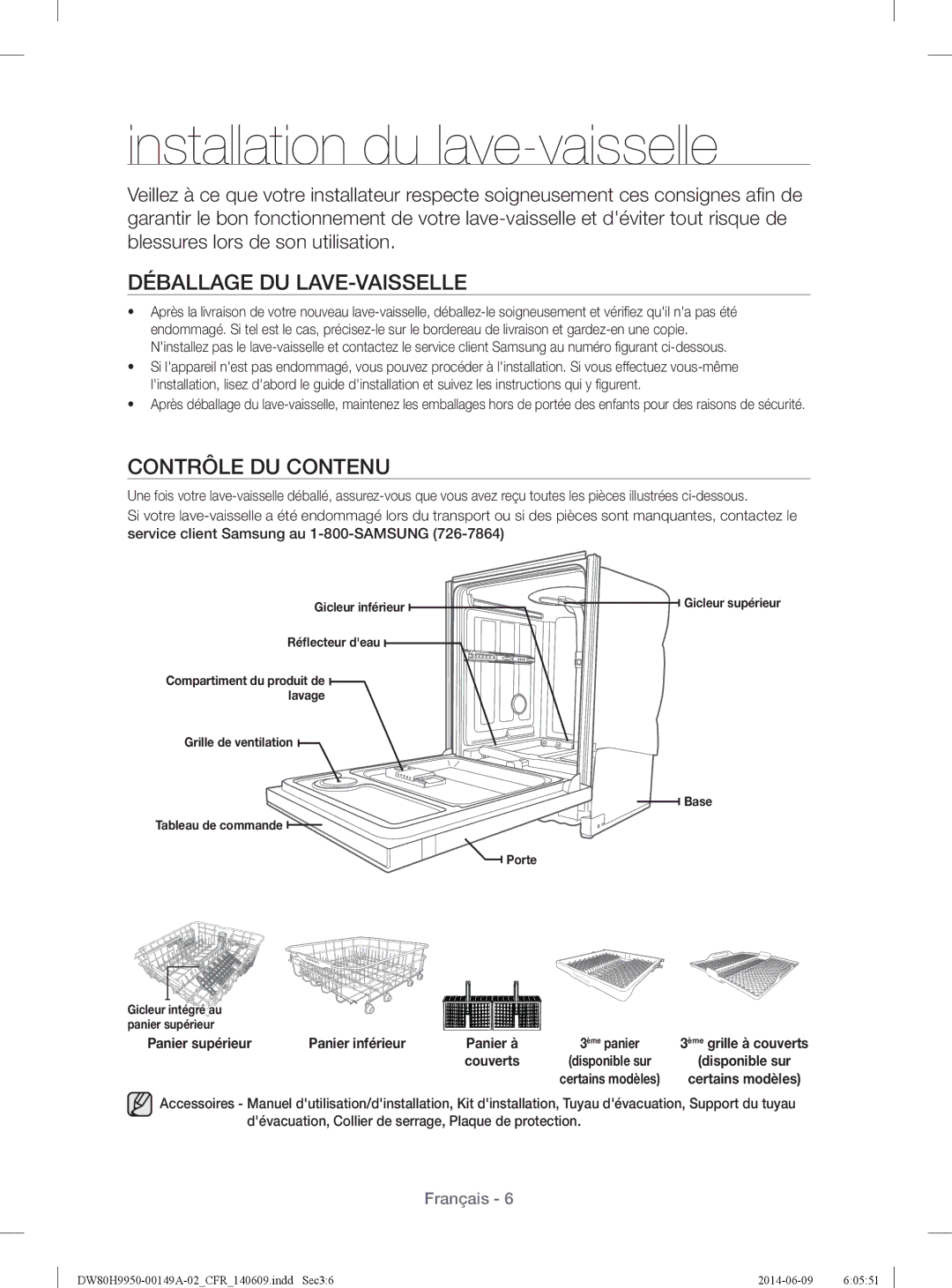 Samsung DW80H9970US user manual Installation du lave-vaisselle, Déballage DU LAVE-VAISSELLE, Contrôle DU Contenu 