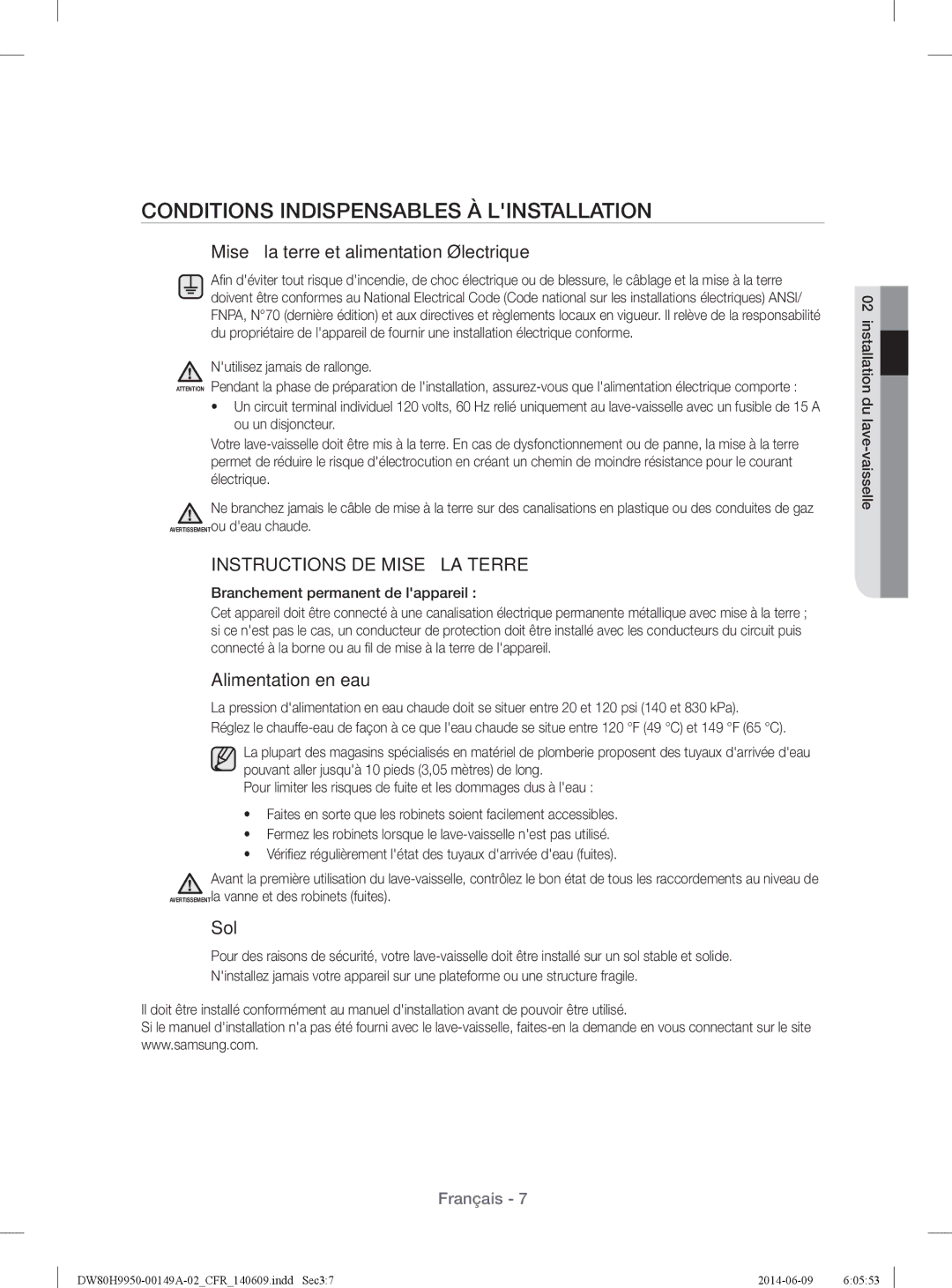 Samsung DW80H9970US user manual Conditions Indispensables À Linstallation, Branchement permanent de lappareil 