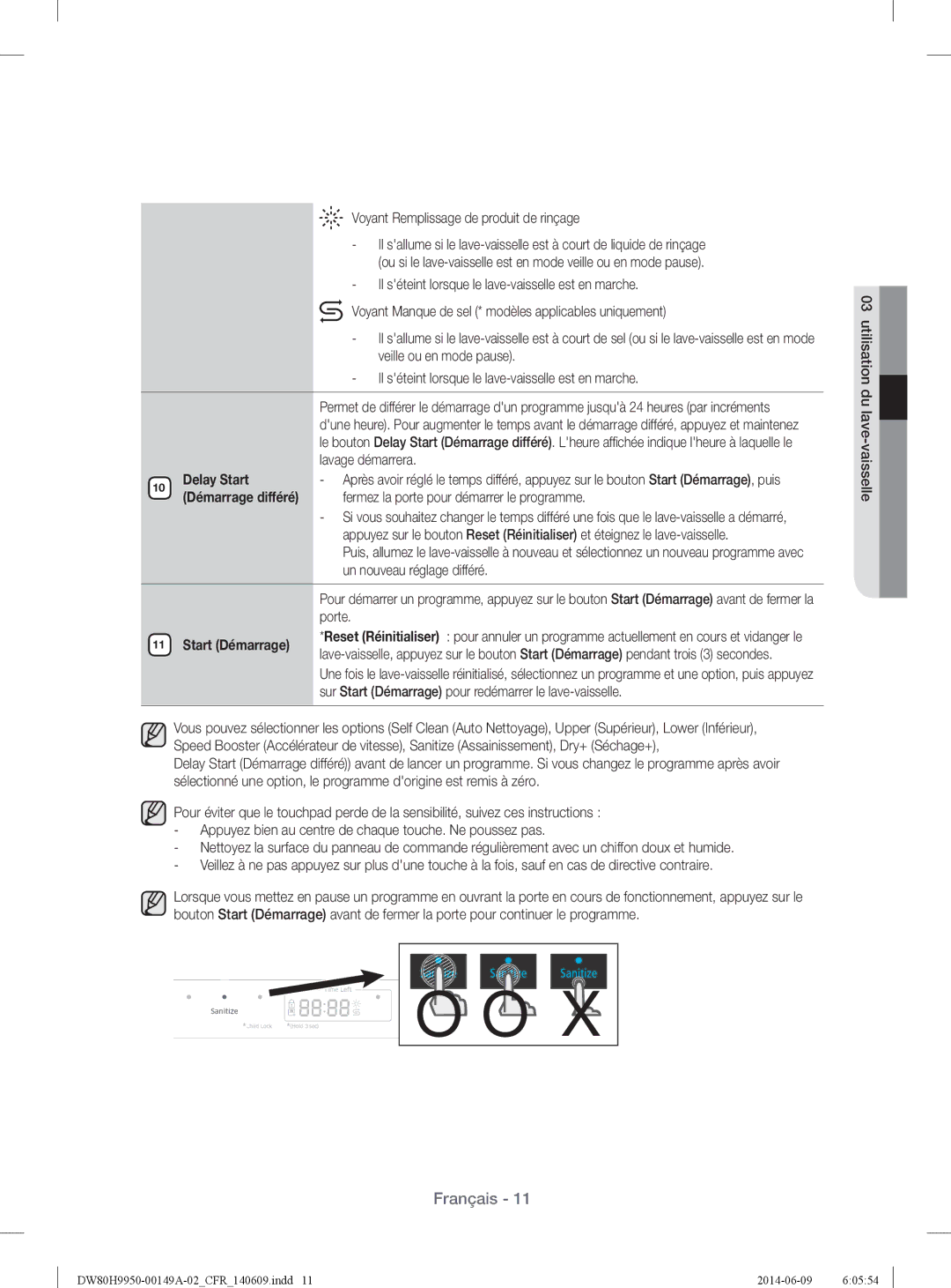 Samsung DW80H9970US Voyant Remplissage de produit de rinçage, Fermez la porte pour démarrer le programme, Start Démarrage 