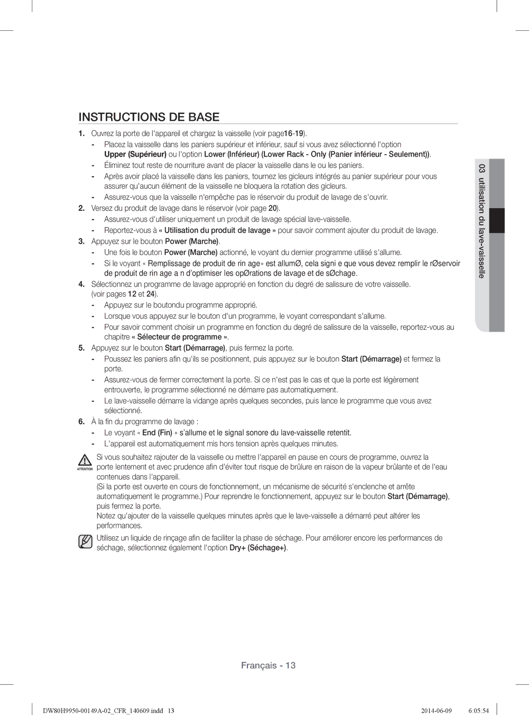 Samsung DW80H9970US user manual Instructions DE Base 