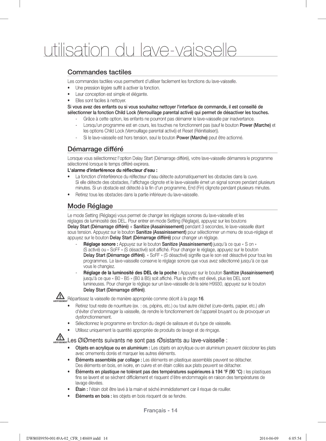 Samsung DW80H9970US Commandes tactiles, Démarrage différé, Mode Réglage, Lalarme dinterférence du réﬂecteur deau 