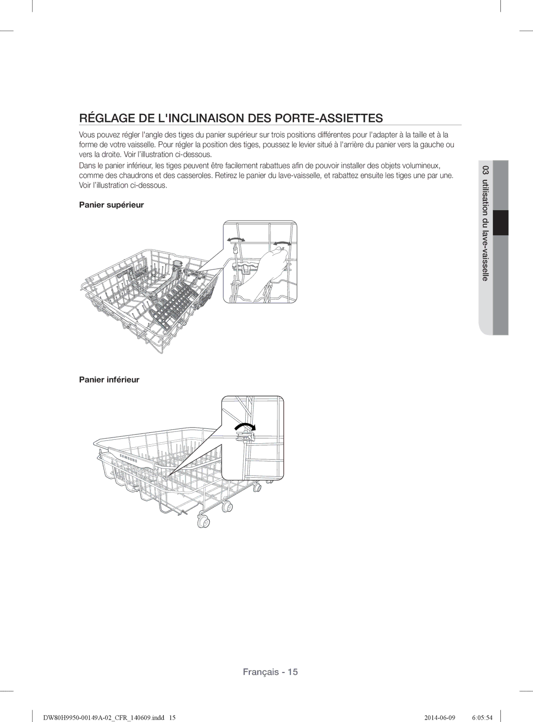 Samsung DW80H9970US user manual Réglage DE Linclinaison DES PORTE-ASSIETTES, Panier supérieur Panier inférieur 