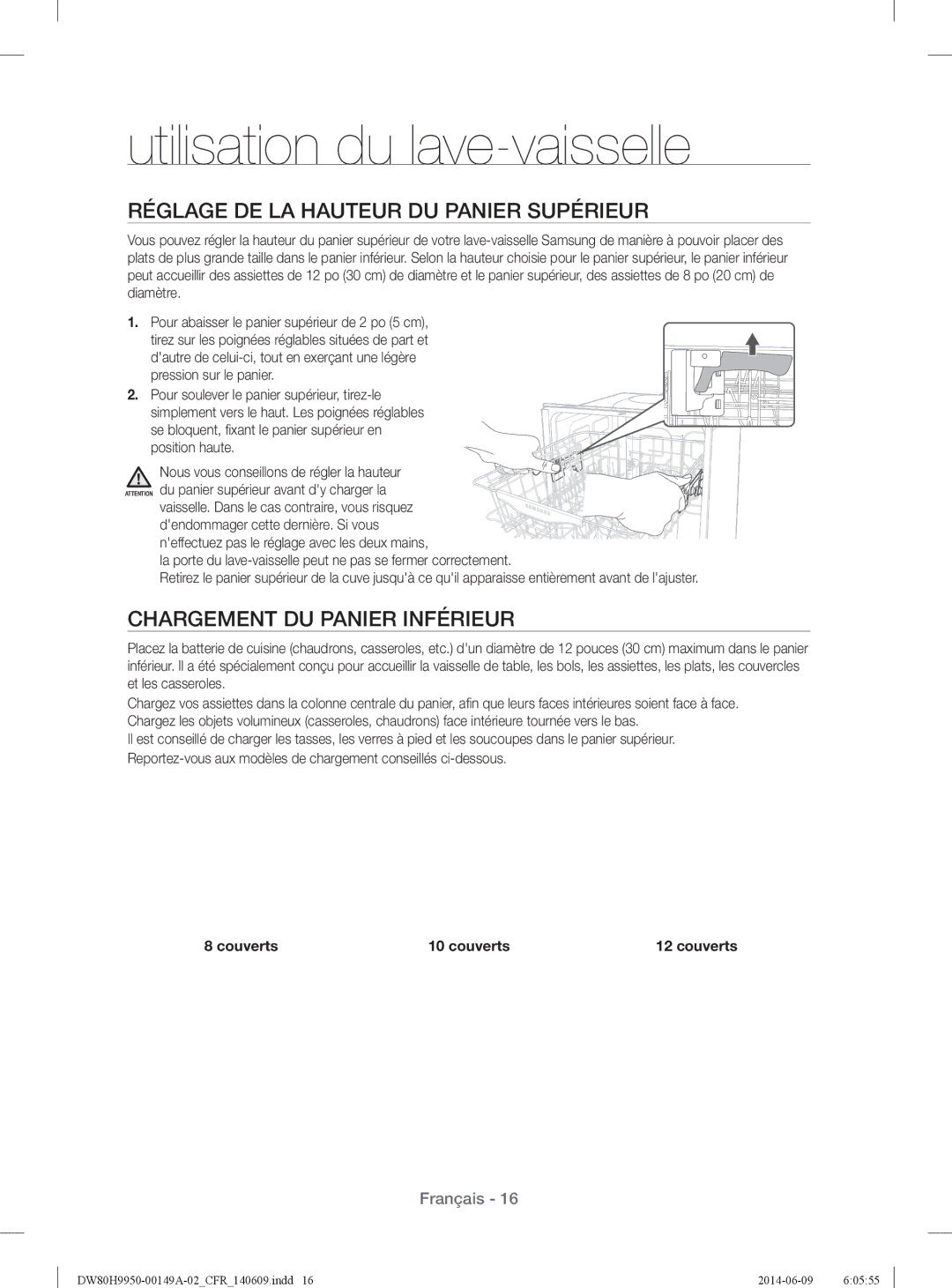 Samsung DW80H9970US user manual Réglage DE LA Hauteur DU Panier Supérieur, Chargement DU Panier Inférieur 