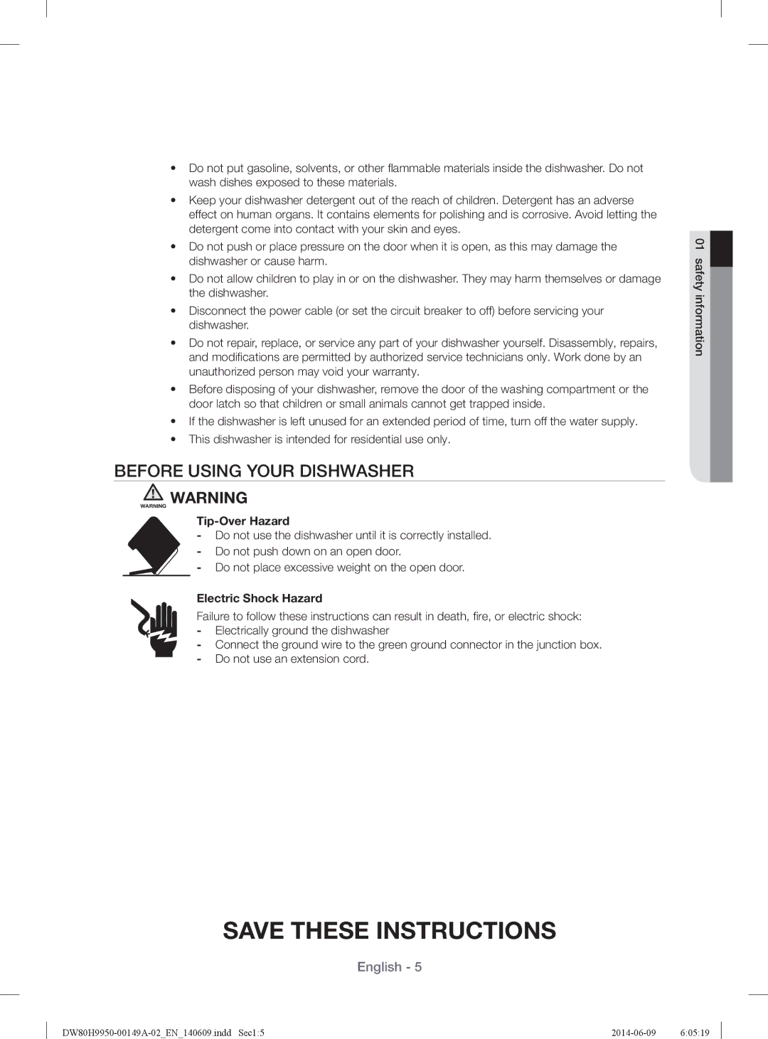 Samsung DW80H9970US user manual Before Using Your Dishwasher, Tip-Over Hazard, Electric Shock Hazard 