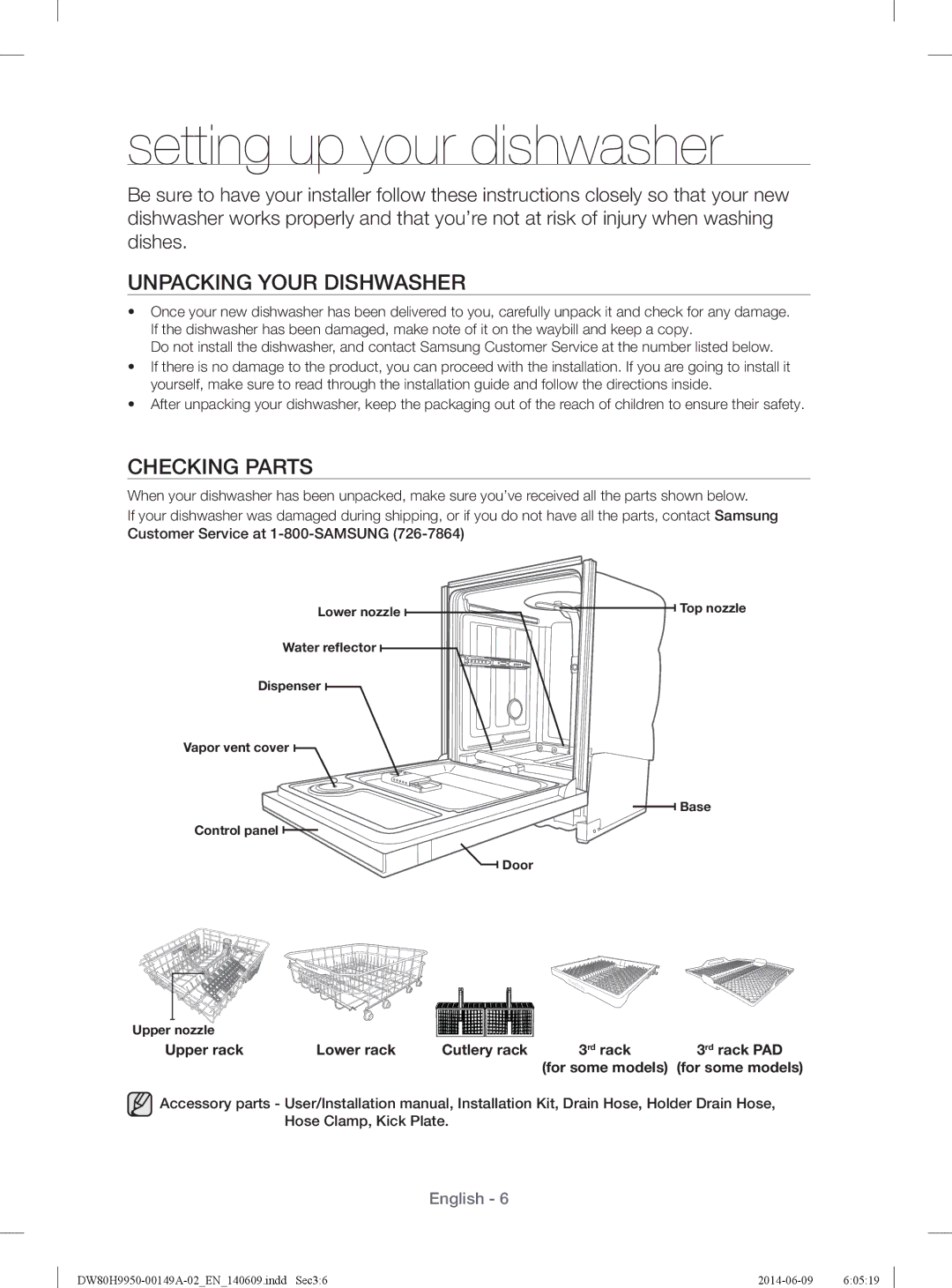 Samsung DW80H9970US user manual Setting up your dishwasher, Unpacking Your Dishwasher, Checking Parts, Upper rack 