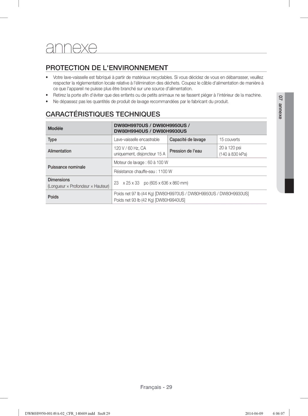 Samsung DW80H9970US user manual Annexe, Protection DE Lenvironnement, Caractéristiques Techniques 