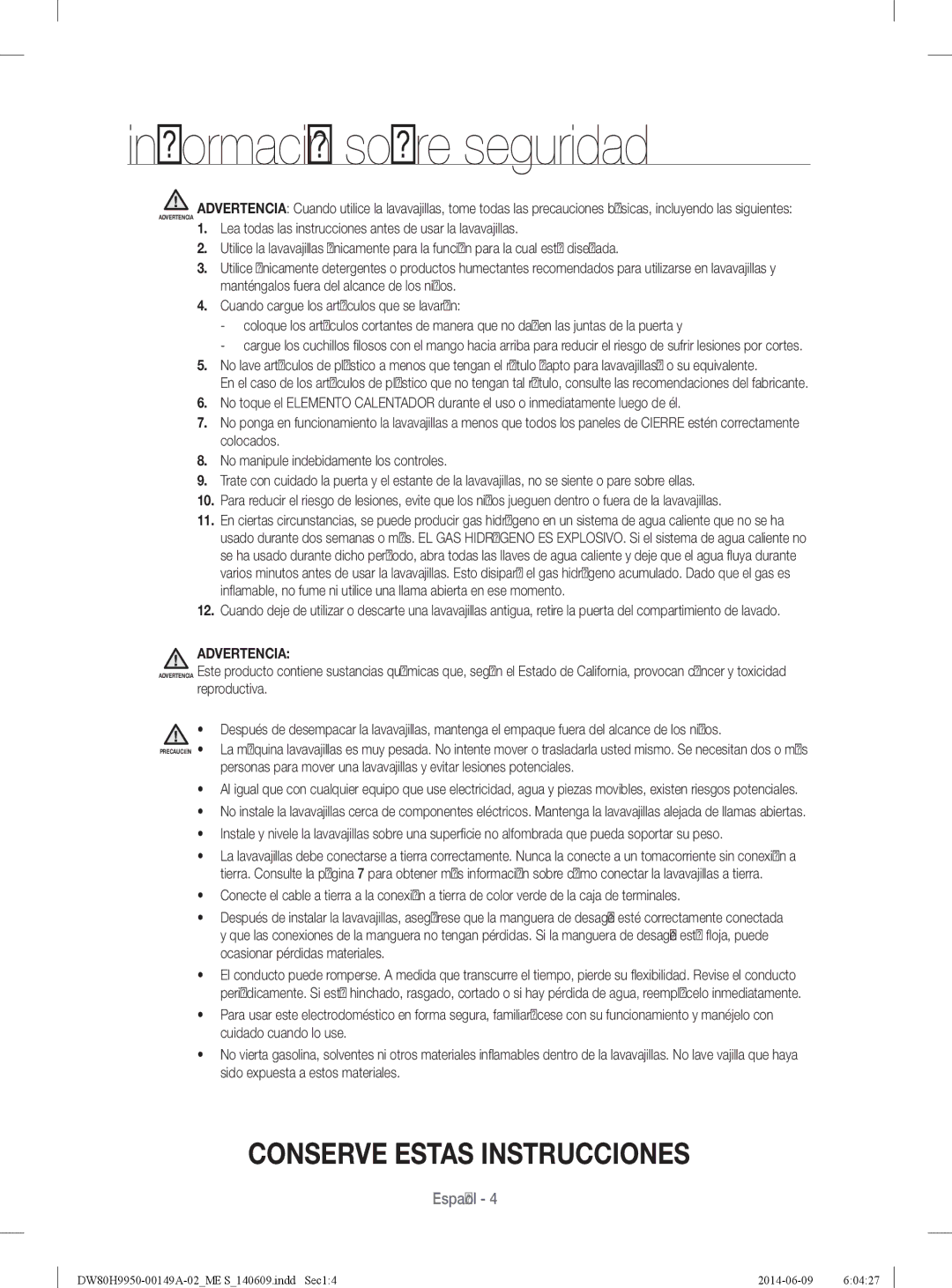 Samsung DW80H9970US user manual Advertencia 