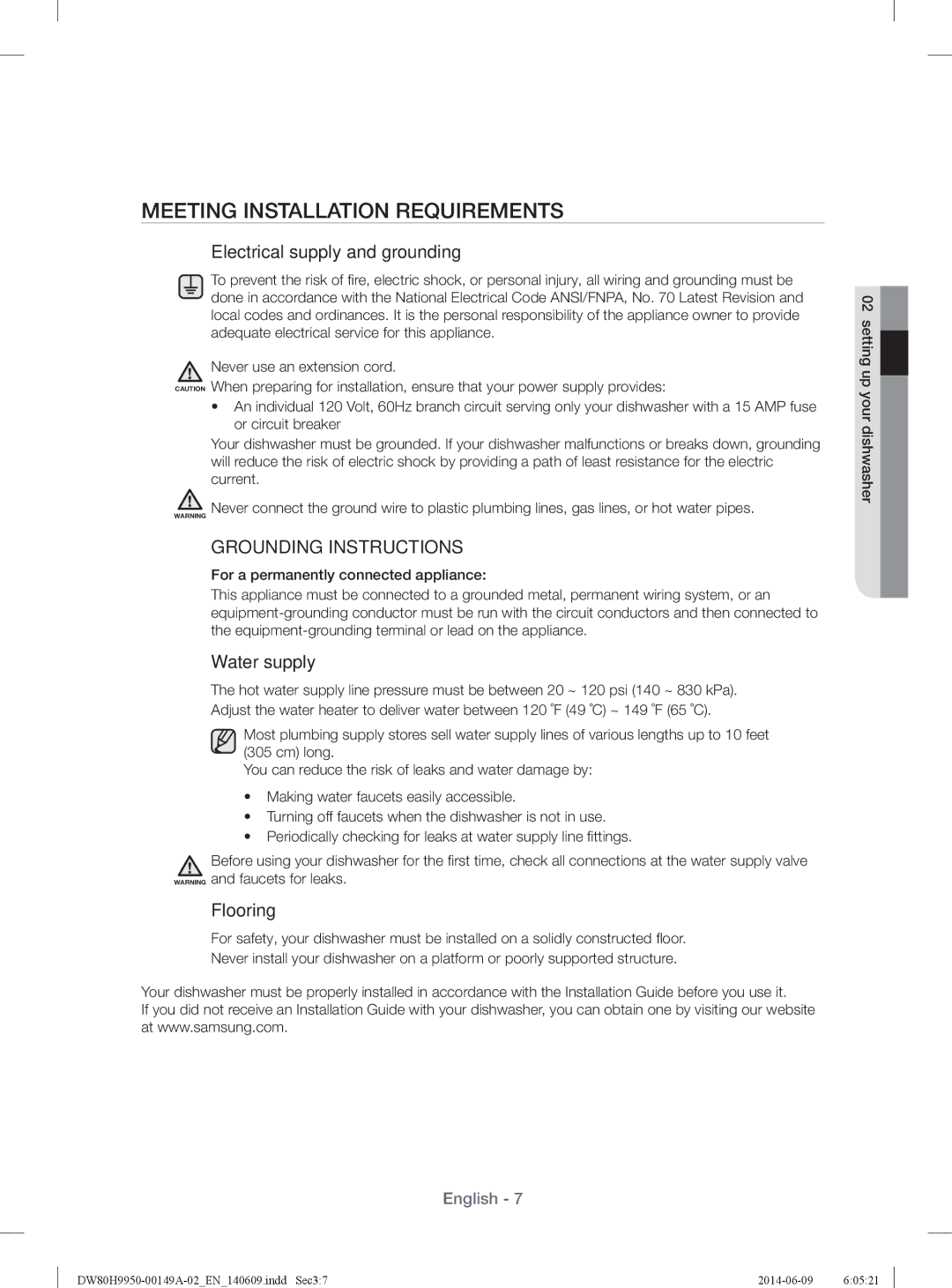 Samsung DW80H9970US user manual Meeting Installation Requirements, Setting up your dishwasher 