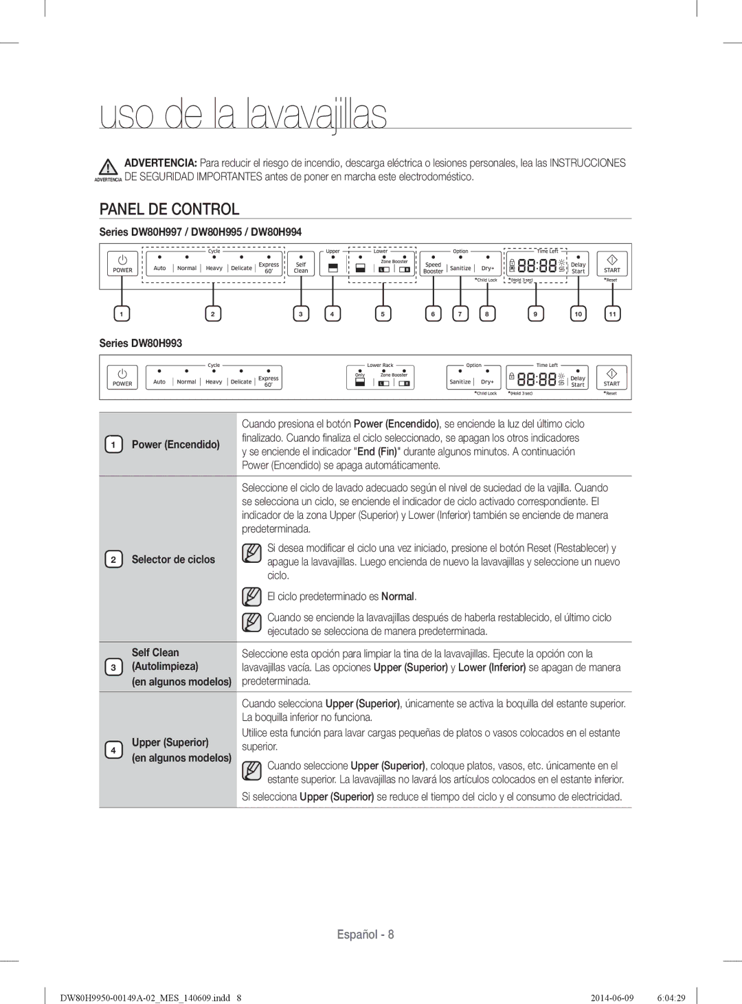 Samsung DW80H9970US user manual Uso de la lavavajillas, Panel DE Control, Autolimpieza, Upper Superior 