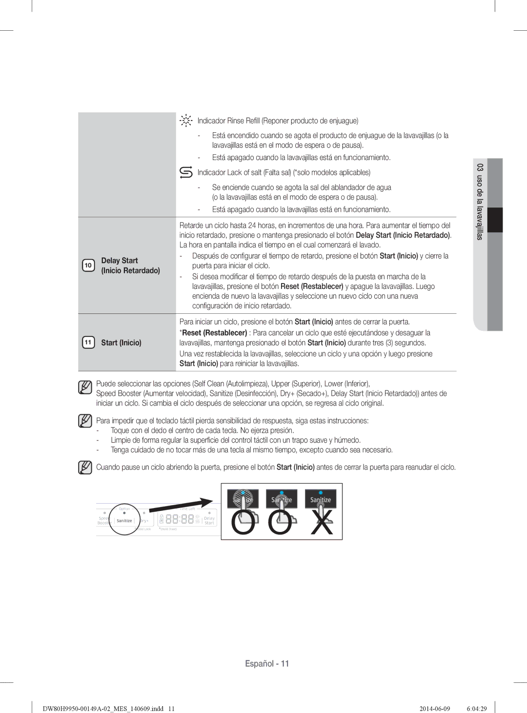 Samsung DW80H9970US user manual Indicador Rinse Reﬁ ll Reponer producto de enjuague, Start Inicio 