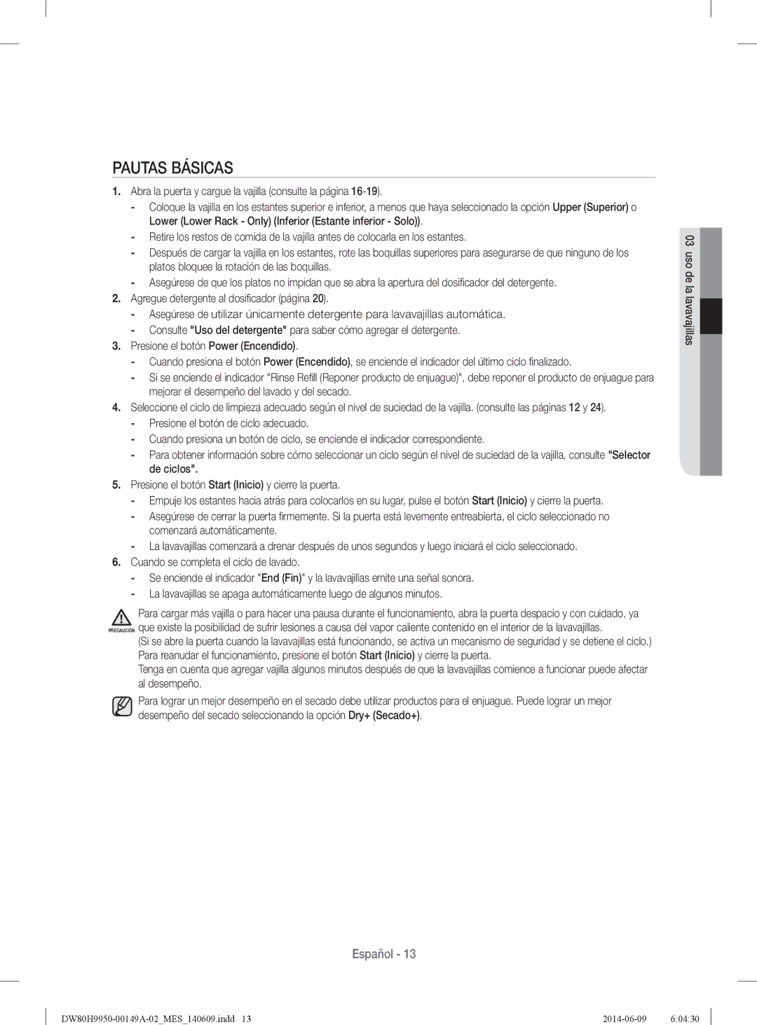 Samsung DW80H9970US user manual Pautas Básicas 