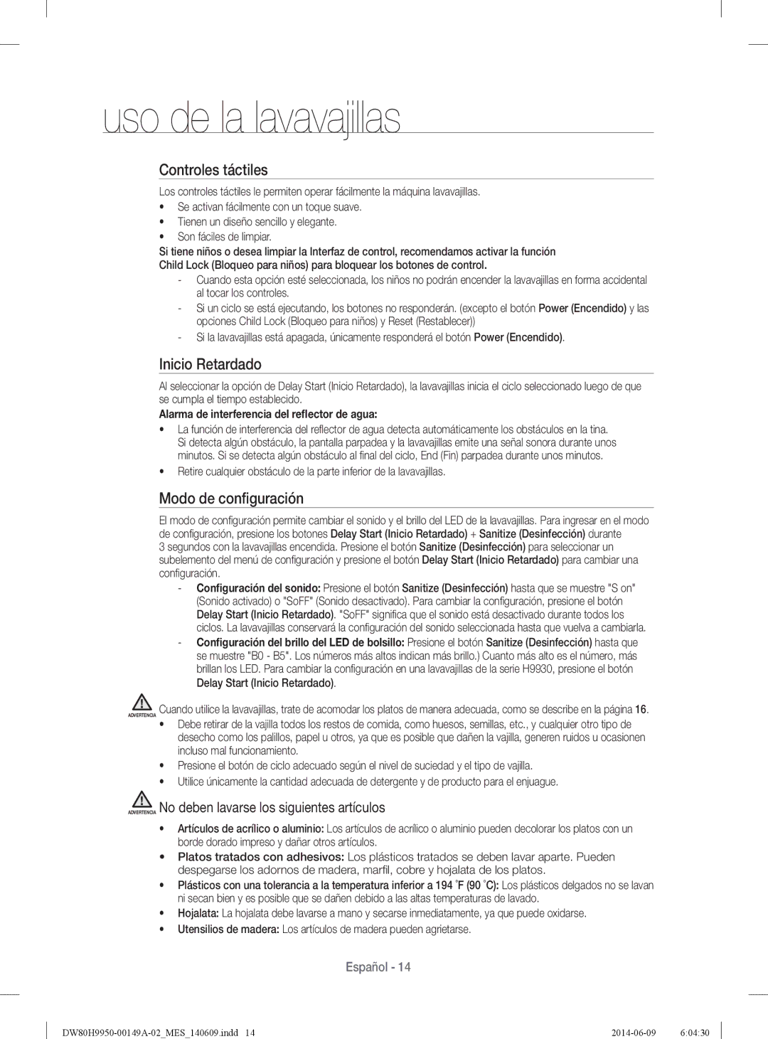 Samsung DW80H9970US user manual Controles táctiles, Inicio Retardado, Modo de conﬁguración 