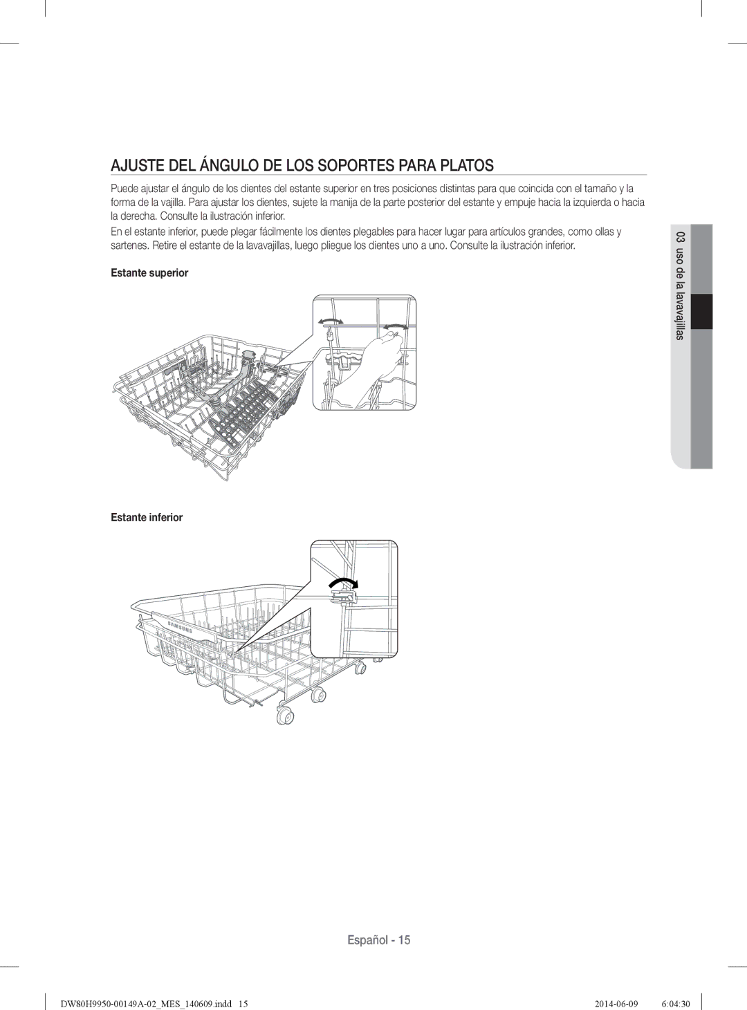 Samsung DW80H9970US user manual Ajuste DEL Ángulo DE LOS Soportes Para Platos, Estante superior Estante inferior 