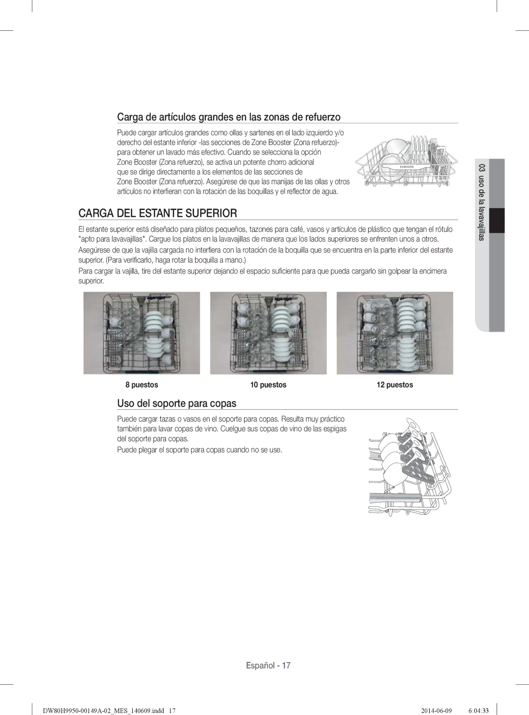 Samsung DW80H9970US user manual Carga DEL Estante Superior, Carga de artículos grandes en las zonas de refuerzo 