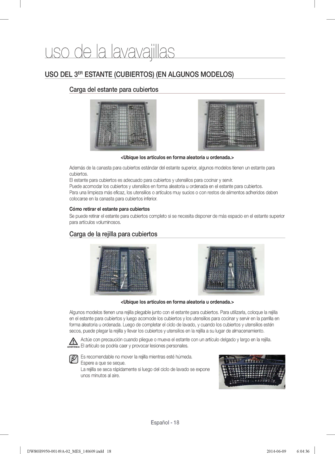 Samsung DW80H9970US user manual USO DEL 3ER Estante Cubiertos EN Algunos Modelos, Carga del estante para cubiertos 