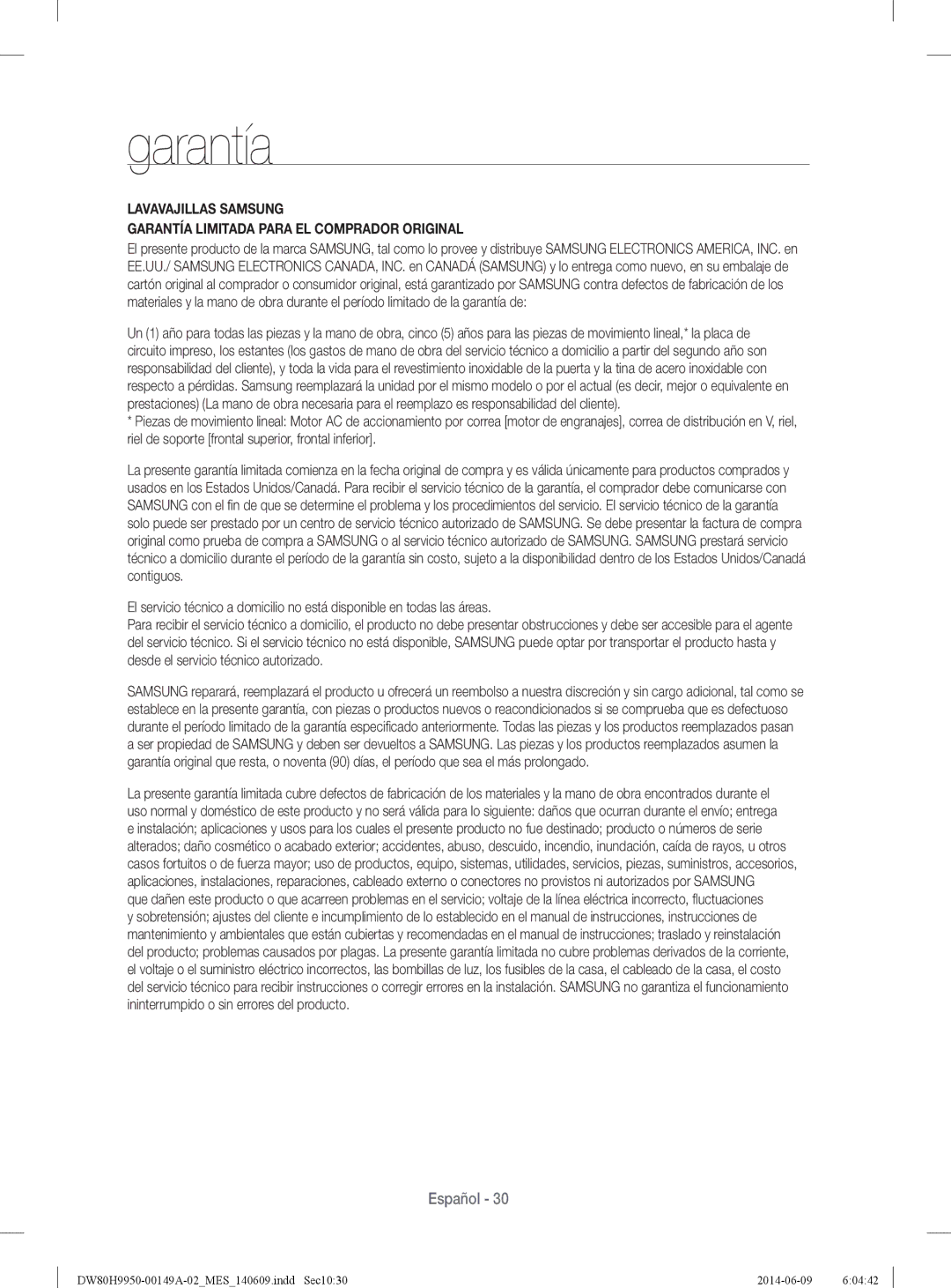 Samsung DW80H9970US user manual Garantía 