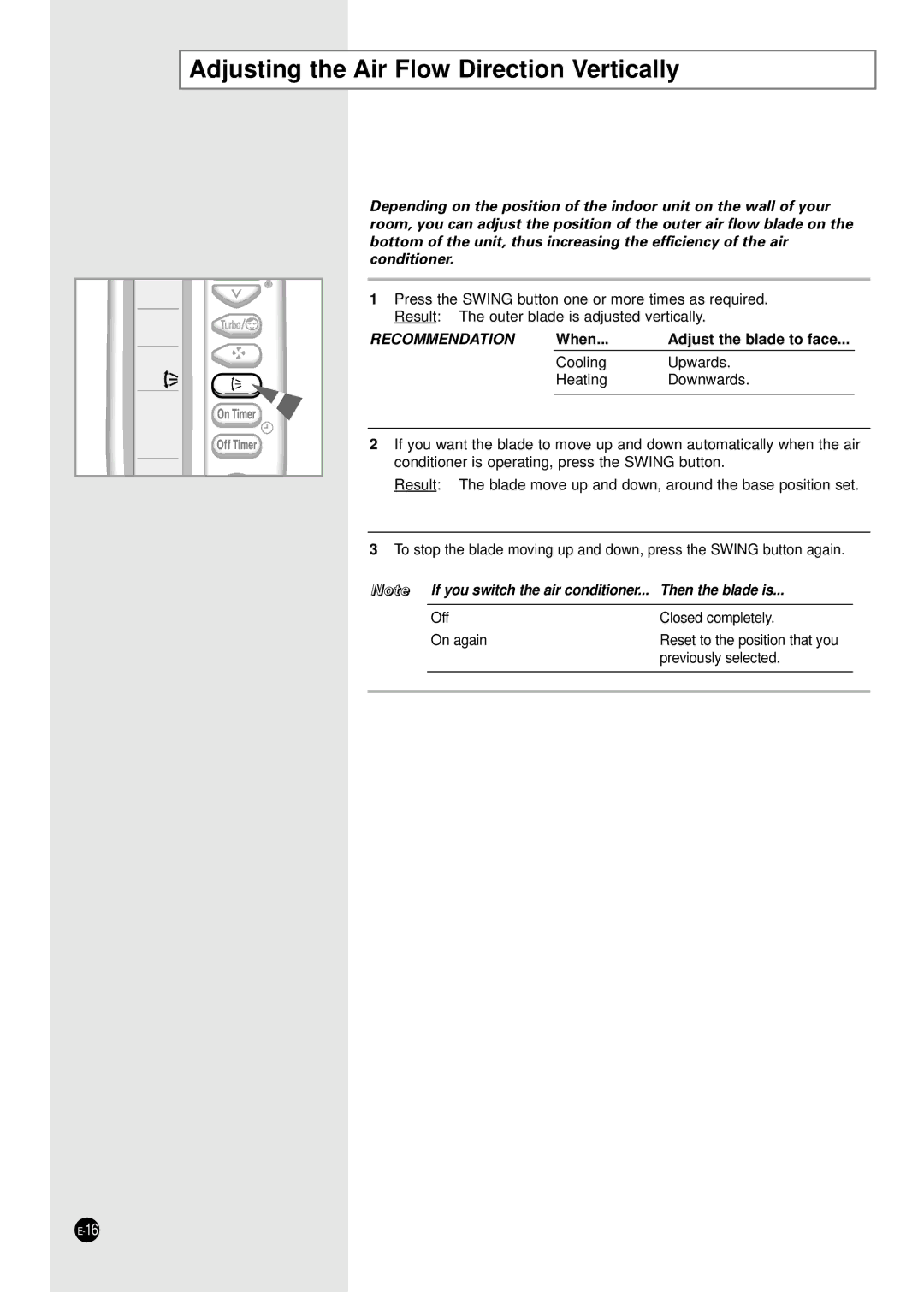 Samsung E R DB68-01448A(5) manual Adjusting the Air Flow Direction Vertically, When Adjust the blade to face 