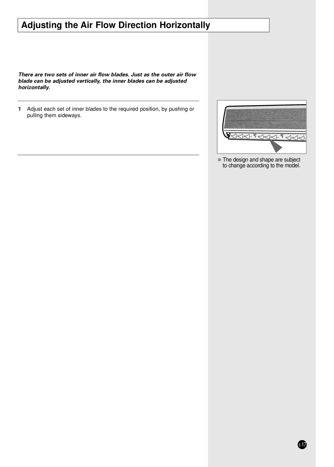 Samsung E R DB68-01448A(5) manual Adjusting the Air Flow Direction Horizontally 