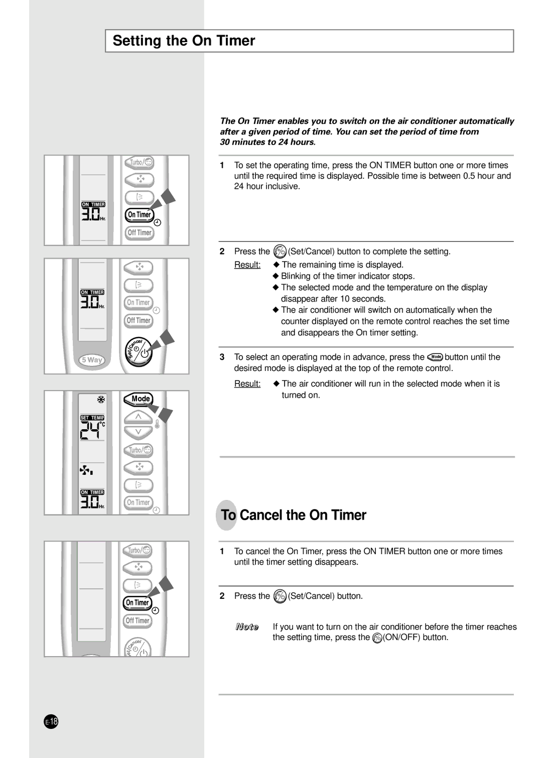 Samsung E R DB68-01448A(5) manual Setting the On Timer, To Cancel the On Timer 