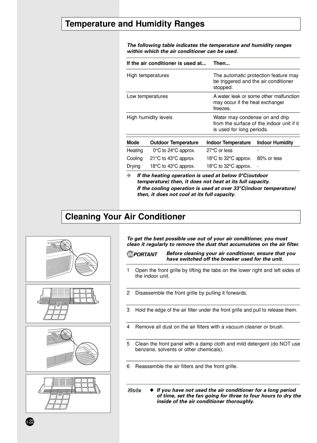 Samsung E R DB68-01448A(5) manual Temperature and Humidity Ranges, Cleaning Your Air Conditioner, Mode, Indoor Humidity 