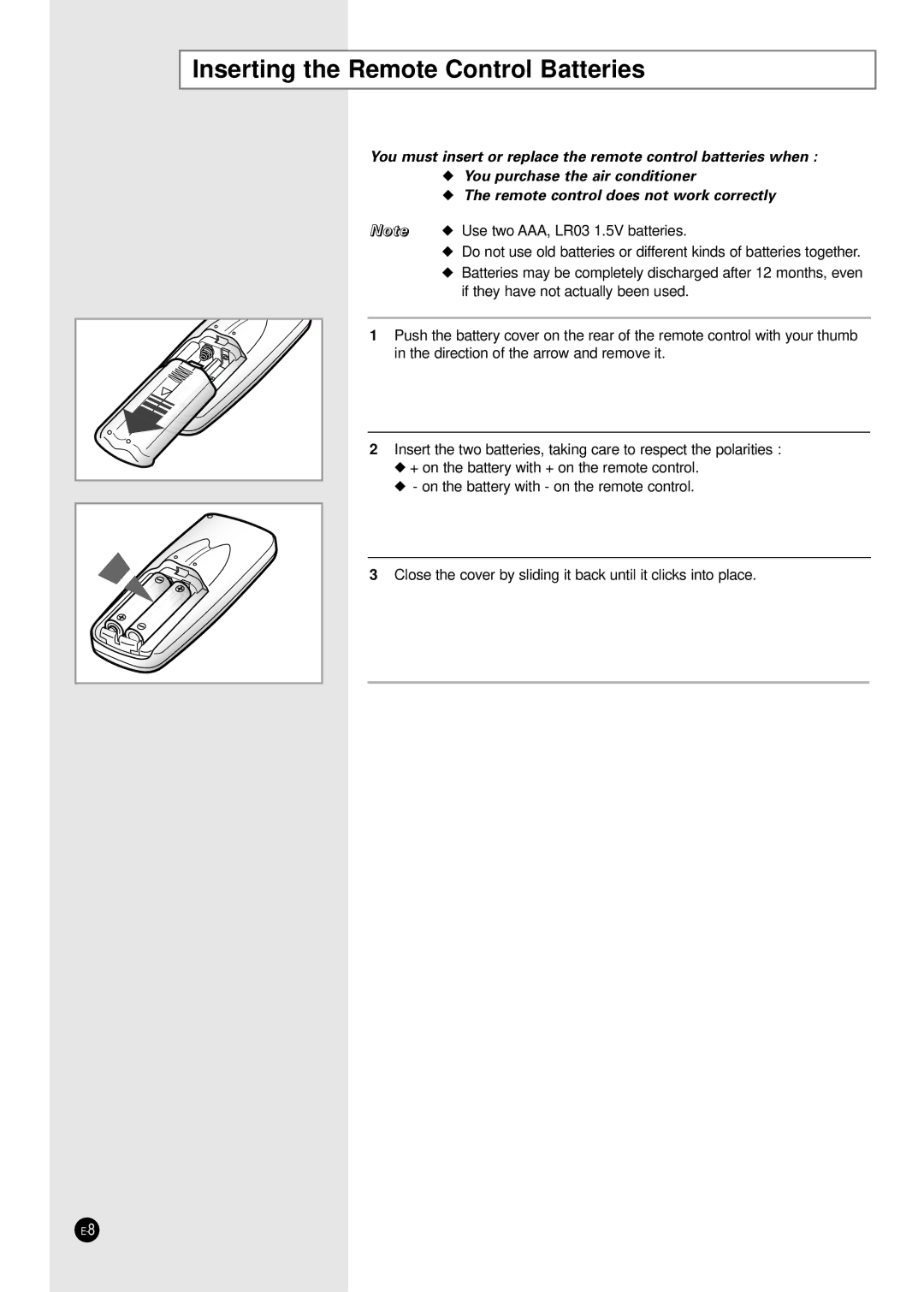 Samsung E R DB68-01448A(5) manual Inserting the Remote Control Batteries 