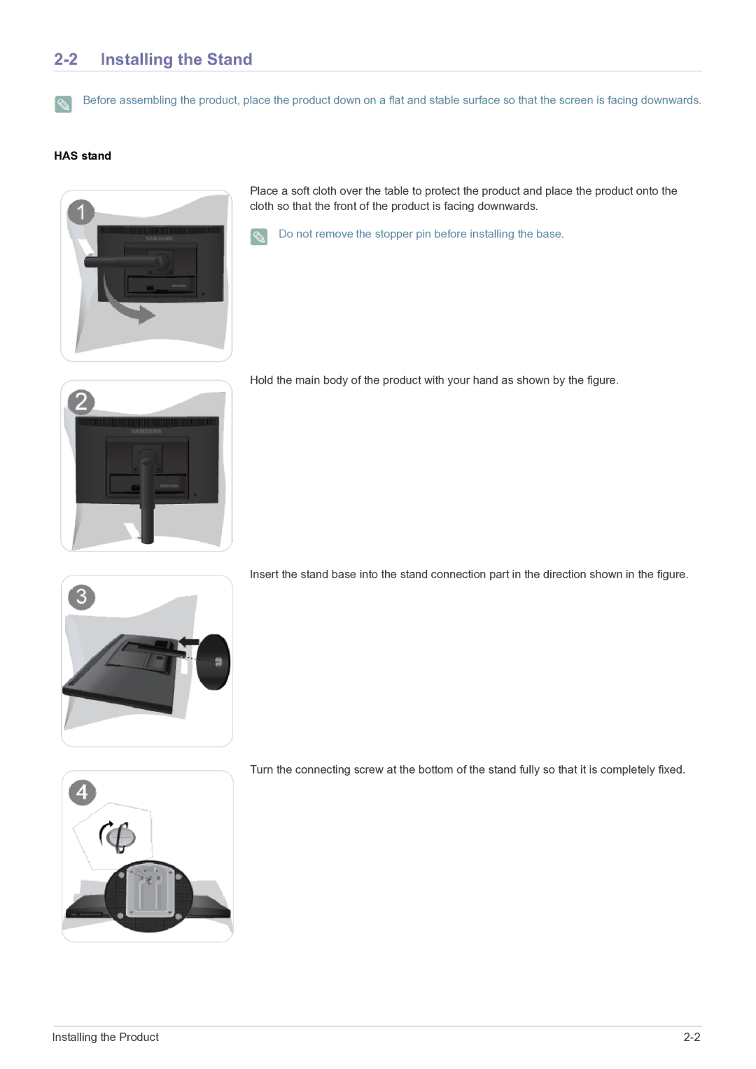 Samsung E1720NR user manual Installing the Stand, Has stand 