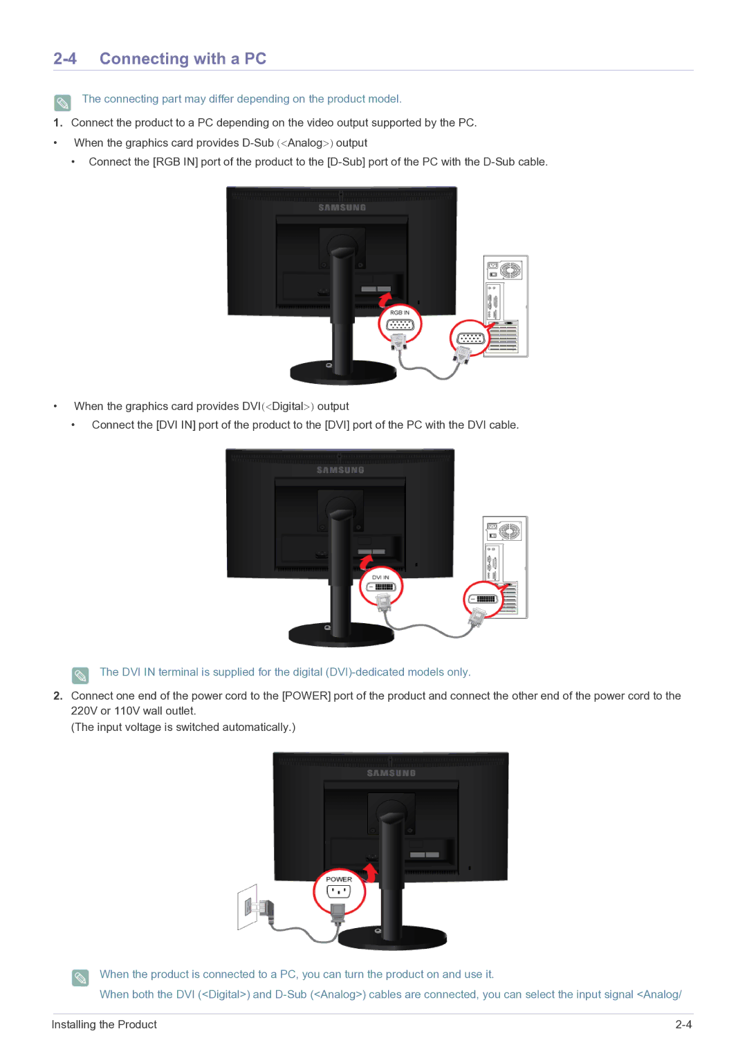 Samsung E1720NR user manual Connecting with a PC, Connecting part may differ depending on the product model 