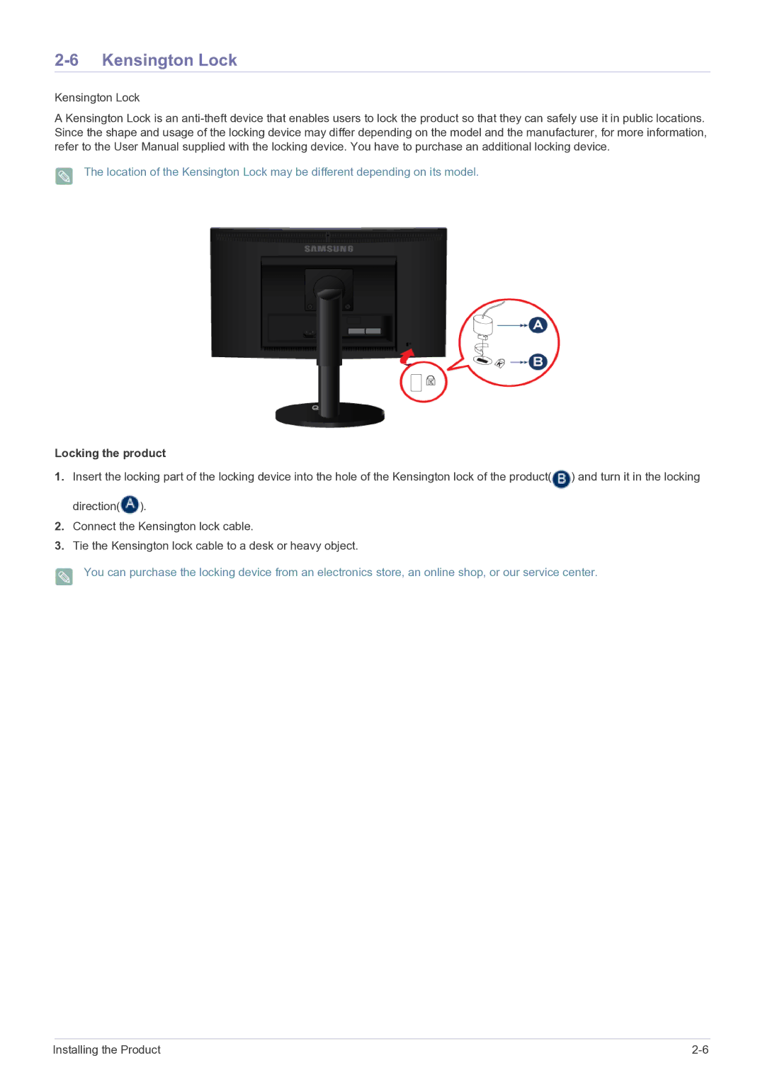 Samsung E1720NR user manual Kensington Lock, Locking the product 