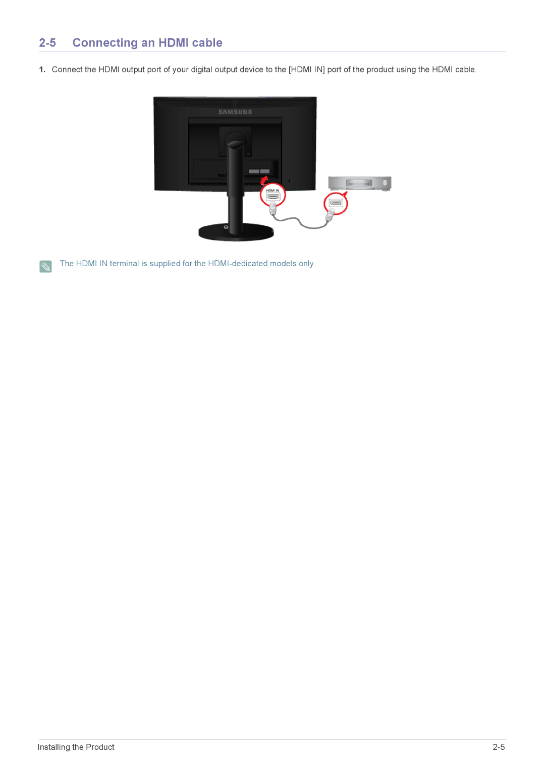 Samsung E1920R, E1920NWX, E1920NX, BX2440, BX2240, B2240WX, B2240X, B2240MWX, B1940R, B1940MRX Connecting an Hdmi cable 