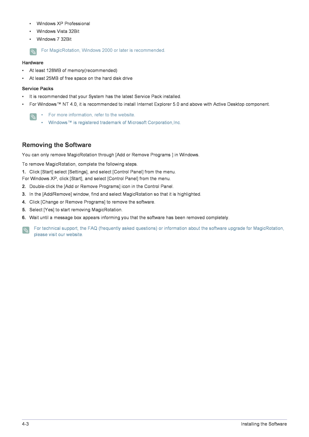 Samsung E1920NW Removing the Software, For MagicRotation, Windows 2000 or later is recommended, Hardware, Service Packs 