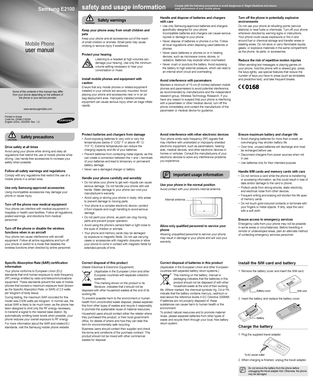 Samsung E2100 user manual Install the SIM card and battery, Charge the battery 