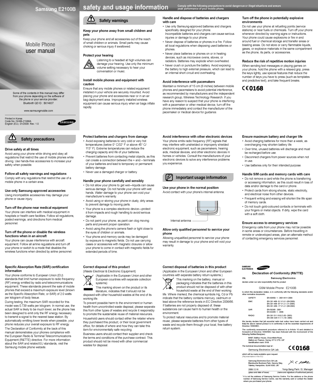 Samsung E2100B user manual Keep your phone away from small children and pets, Protect your hearing 