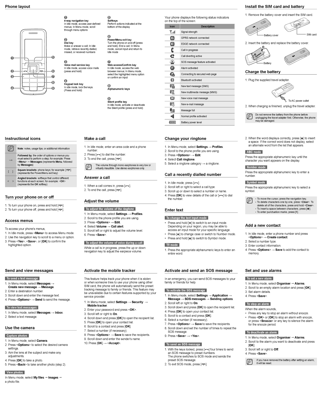 Samsung E2100B Phone layout Install the SIM card and battery, Charge the battery, Instructional icons, Access menus 