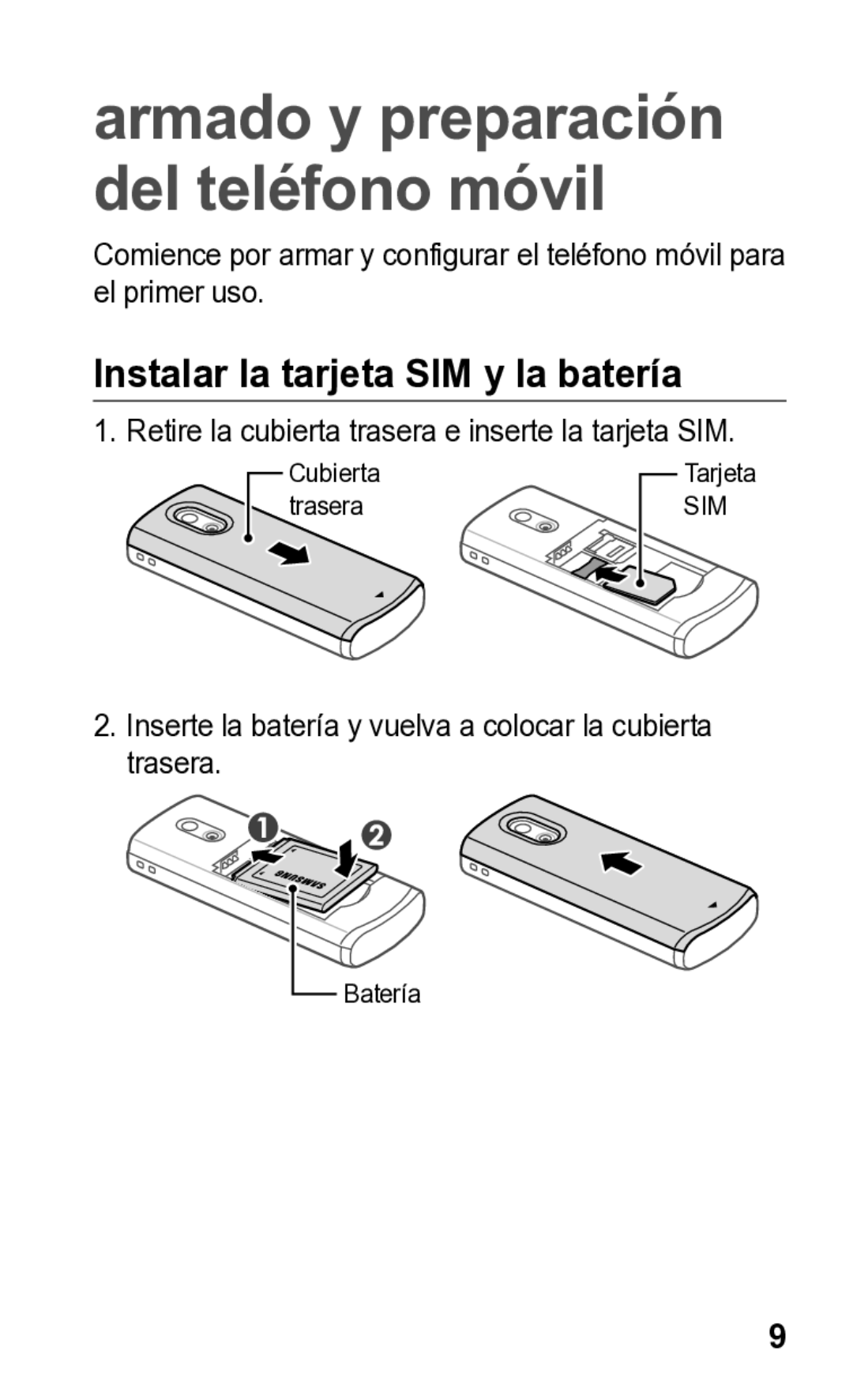 Samsung E2121L manual Armado y preparación del teléfono móvil, Instalar la tarjeta SIM y la batería 