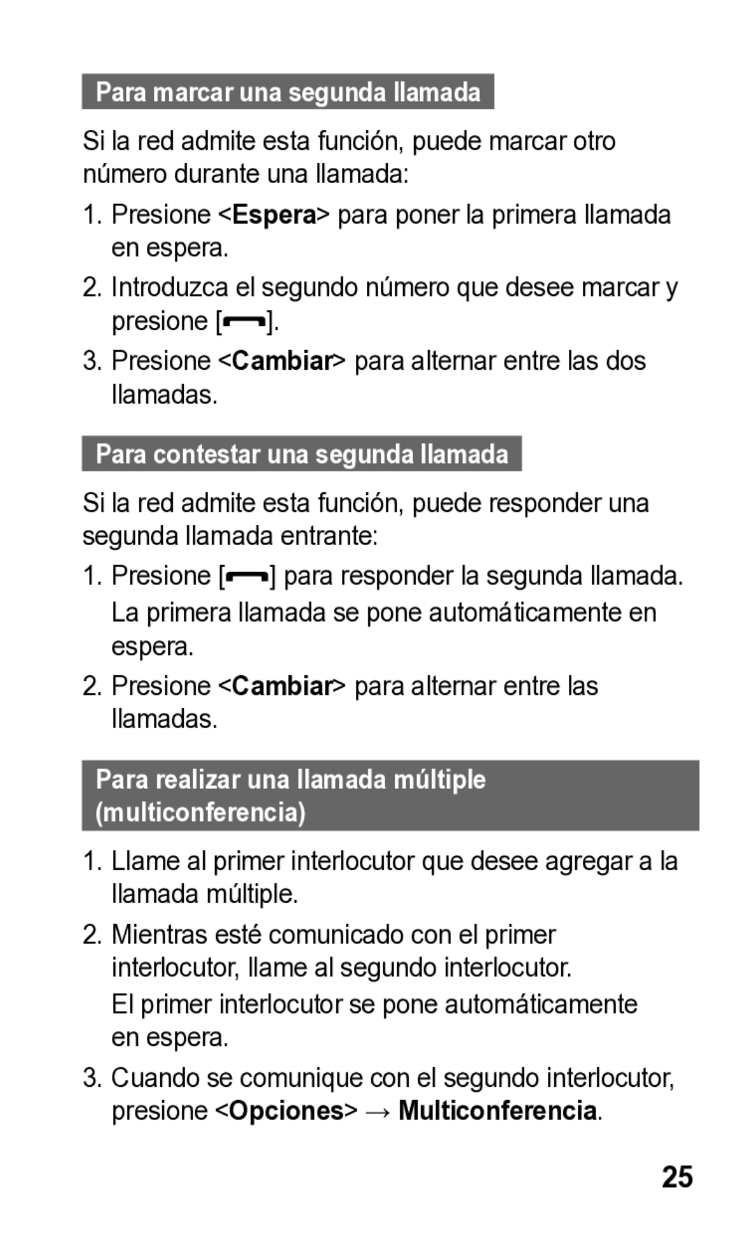 Samsung E2121L manual Para marcar una segunda llamada, Para contestar una segunda llamada 