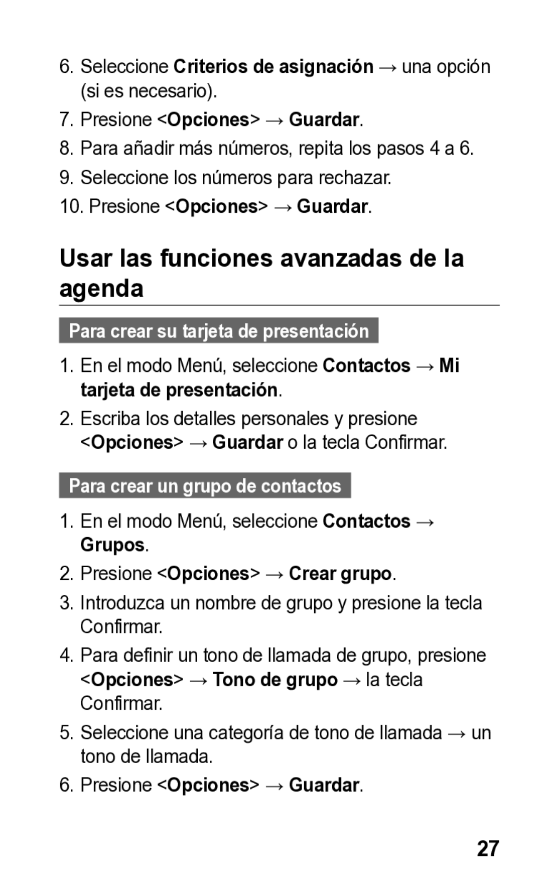 Samsung E2121L manual Usar las funciones avanzadas de la agenda, Para crear su tarjeta de presentación 