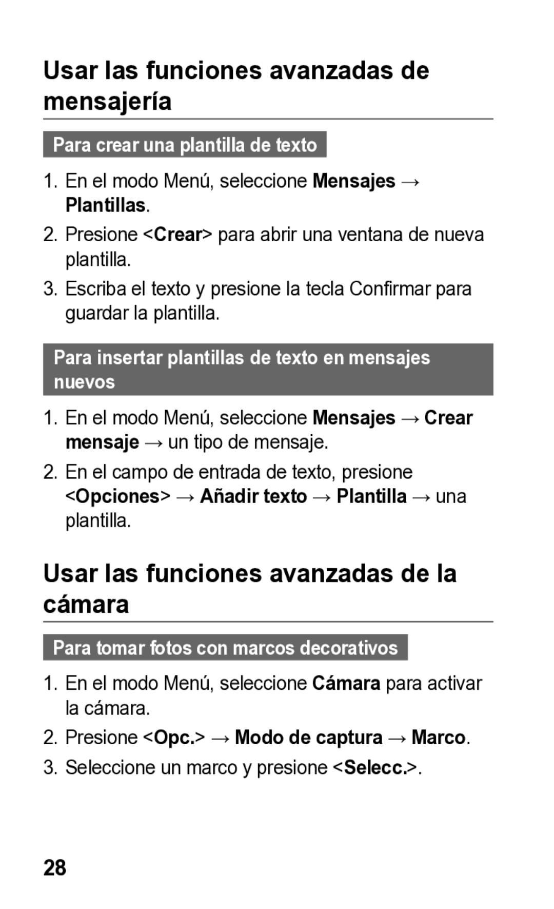 Samsung E2121L manual Usar las funciones avanzadas de mensajería, Usar las funciones avanzadas de la cámara 