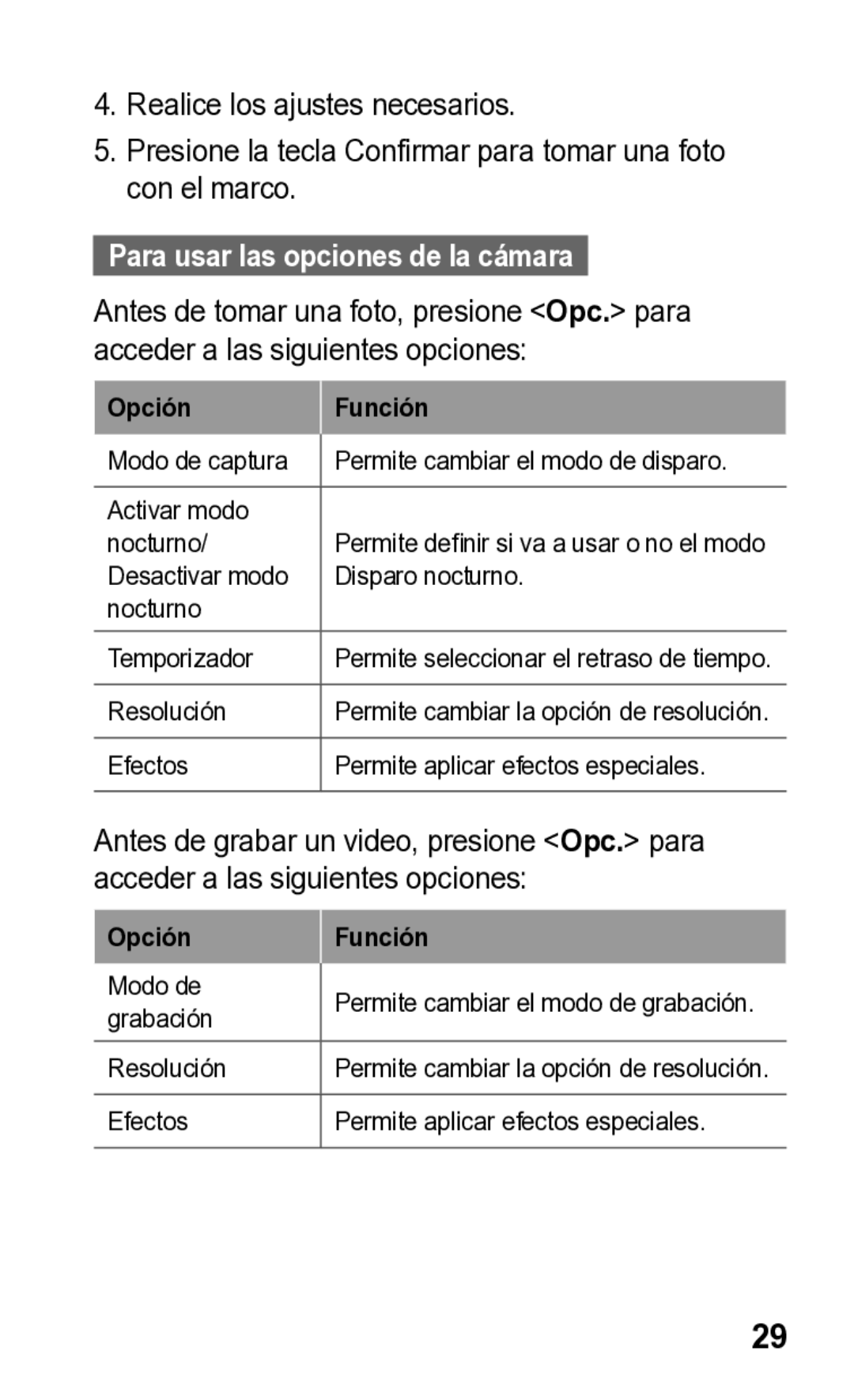 Samsung E2121L manual Para usar las opciones de la cámara, Opción Función 