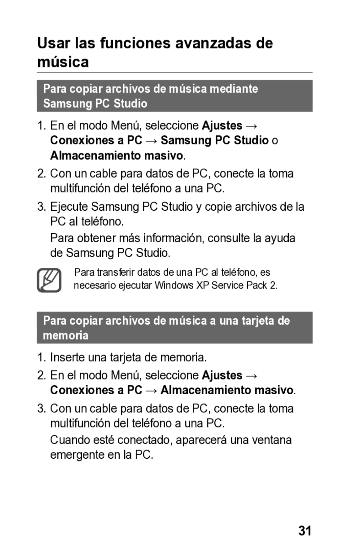 Samsung E2121L manual Usar las funciones avanzadas de música, Para copiar archivos de música mediante Samsung PC Studio 