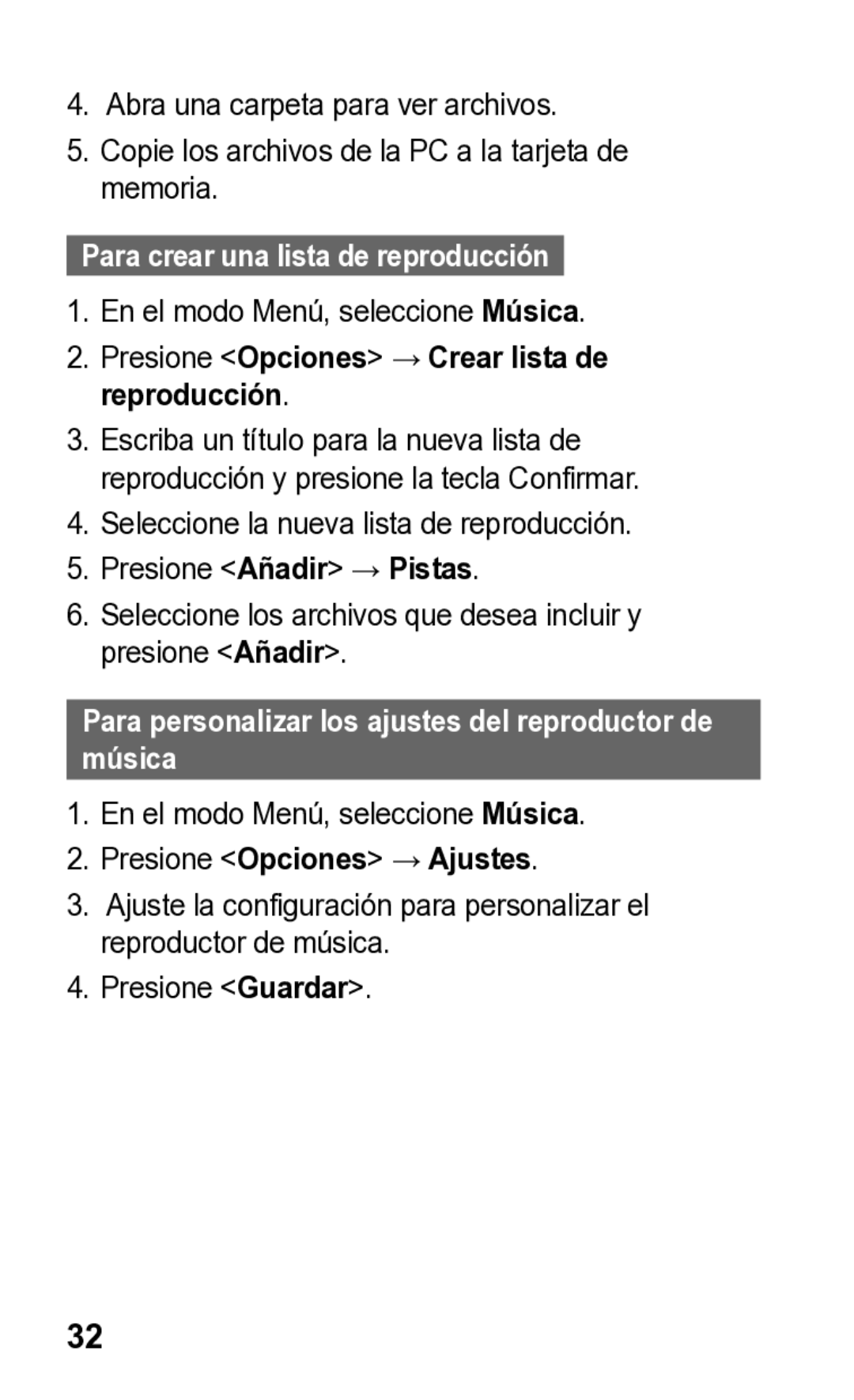 Samsung E2121L manual Para crear una lista de reproducción, Para personalizar los ajustes del reproductor de música 