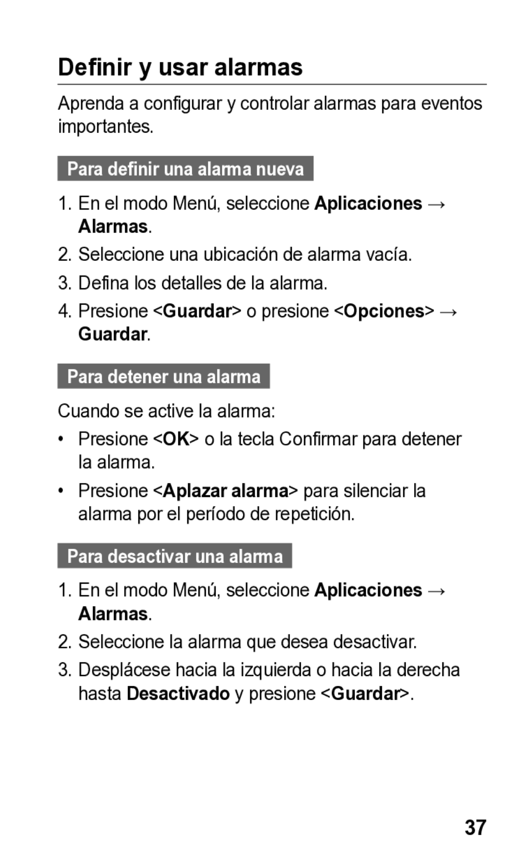 Samsung E2121L Definir y usar alarmas, Para definir una alarma nueva, Para detener una alarma, Para desactivar una alarma 