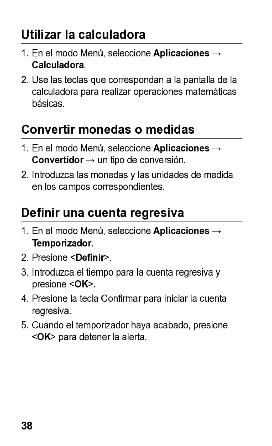 Samsung E2121L manual Utilizar la calculadora, Convertir monedas o medidas, Definir una cuenta regresiva 